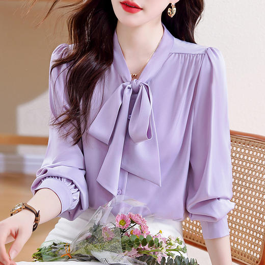 KQL C22N90229时尚韩版系带衬衣休闲通勤单排扣衬衫 商品图0