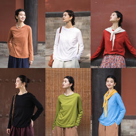 绽放591朵/超长长绒棉晶格工艺圆领正常肩长袖T恤女秋冬季打底衫