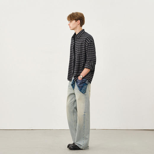 714street绒感磨毛复格子衬衫男2025秋冬老钱风宽松长袖衬衣外套 商品图3