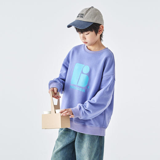 蓝汽水25年冬季新款亲子中大童字母印花圆领卫衣纯色绒感保暖上衣 商品图3