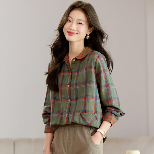 丁摩 复古格子衬衫女纯棉撞色女装显瘦大码秋季港风上衣5ZF-2153 商品图1