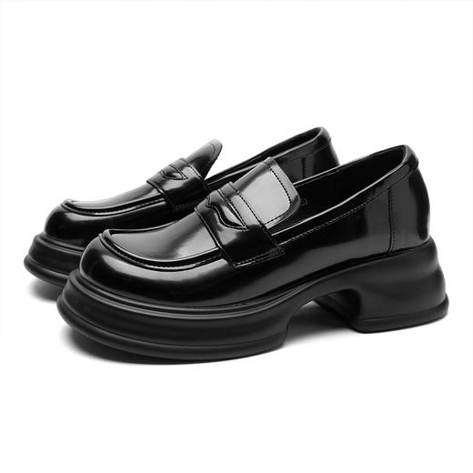 西遇增高厚底乐福鞋女新款秋季法式简约一脚蹬单鞋黑色小皮鞋D0333052 商品图4