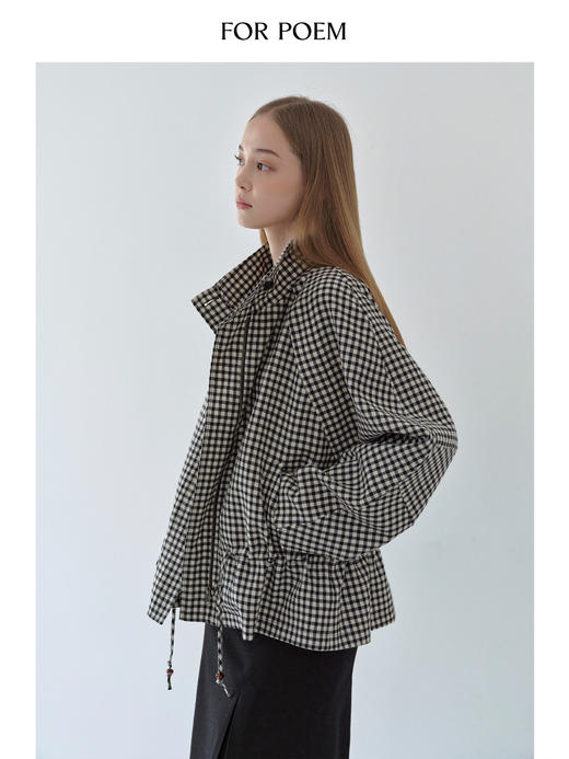 ForPoem 现货 25/FW原创设计早秋结构感抽绳格纹休闲羊毛风衣大衣外套女 商品图2