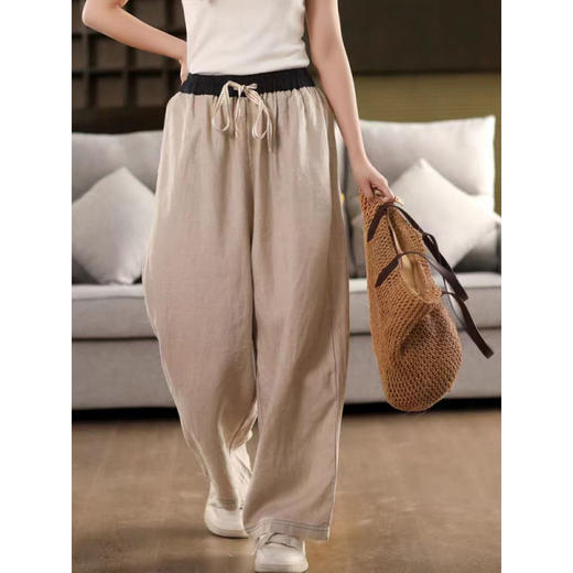 GYH 6212复古休闲简约色织裤系带拼色松紧腰显瘦直筒裤 商品图3