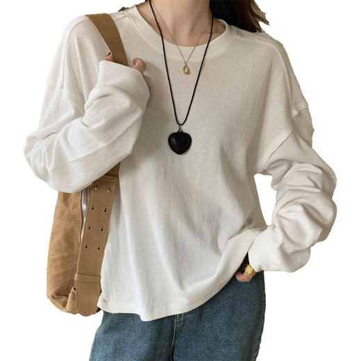 秋季新款圆领棉质长袖T恤 2025宽松百搭显瘦慵懒风纯色打底上衣 商品图4