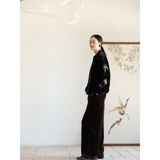 牧衣游原创 丝绒净色长裤简约显瘦宽松垂感松紧腰百搭休闲裤 未绿 商品图2