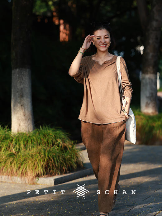PETIT SCHAN小闪 CLO#899 One leaf reveals autumn 一叶知秋 纯亚麻抽绳松紧腰萝卜裤 商品图3