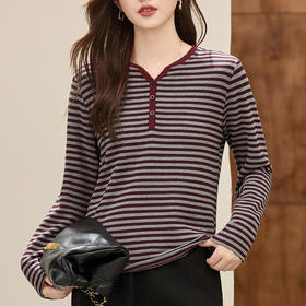 丁摩 条纹长袖t恤女春秋季内搭可外穿上衣正肩v领打底衫5ZF-30109