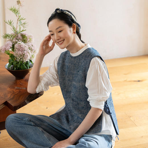 牧衣游原创 柞蚕丝混麻老布机织马夹原生质朴复古上衣 素心织光 商品图0