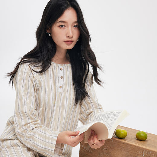 日式纯棉家居服 2025秋冬新款长袖开衫长裤条纹印花休闲可外穿睡衣套装 商品图5