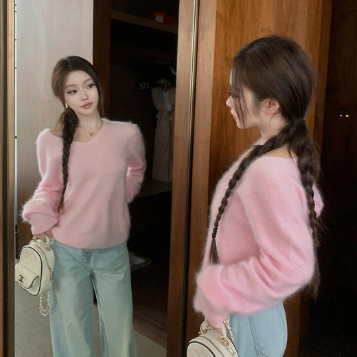 LIN BOUTIQUE 韩系甜妹 简约百搭纯色小V领针织长袖羊毛毛衣女新 商品图1