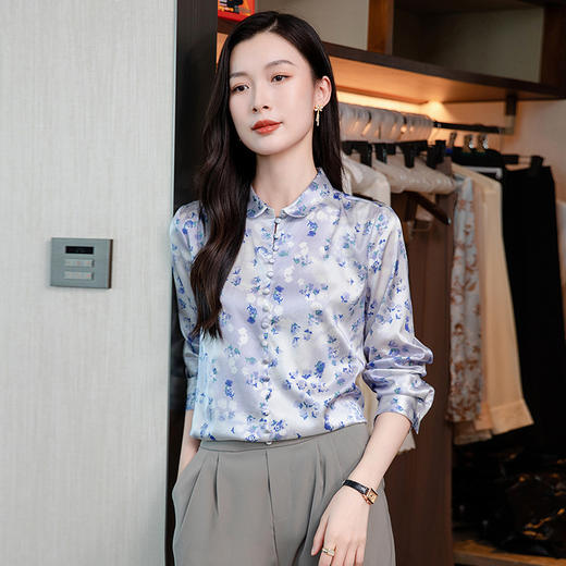 丁摩 真丝长袖衬衫春秋季新款时髦气质印花真丝衬衫优雅5ZF-9157 商品图1