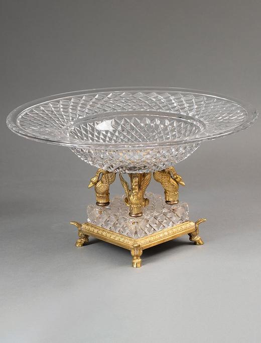 独角鹿西洋古董19世纪法国出品帝政风格天鹅造型铜鎏金精雕装饰菱格纹切割水晶果樽 商品图1