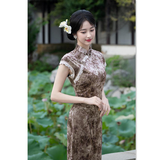 SKY 801312港风无袖长款旗袍改良新中式修身坎肩袖日常丝绒旗袍 商品图0