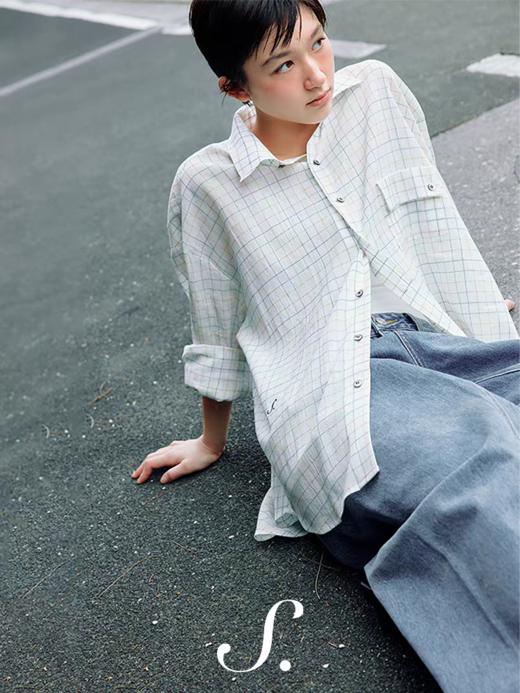 shyshystill/shy202411042/“桃粉奶酪”翻领口袋撞色纽扣格纹衬衫 商品图4