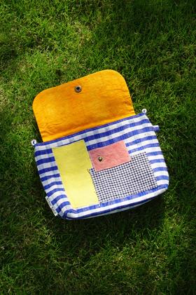 回声Echos/ 蓝格纹拼接斜挎帆布包【可双面背】