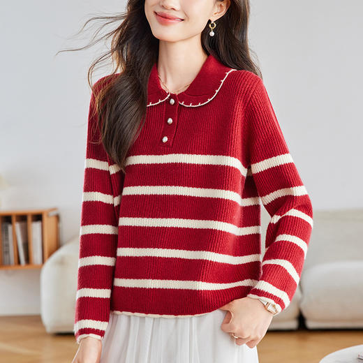 娃娃领毛衣洋气减龄小个子针织上衣，漂亮时髦条纹打底衫内搭CC-16-9610 商品图1