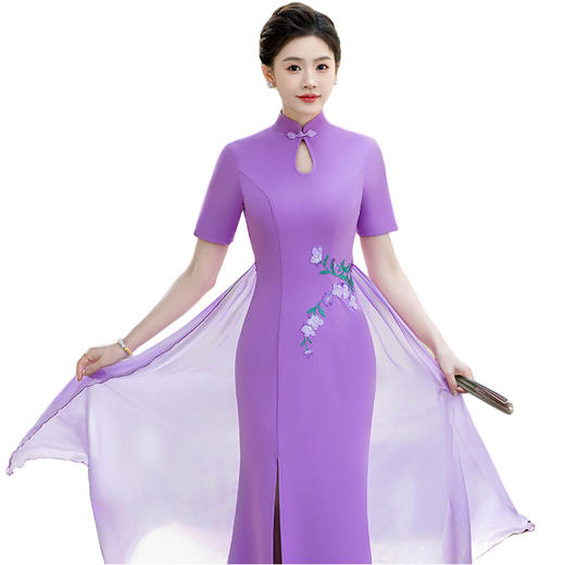 中国风高开叉燕尾纱修身改良走秀演出旗袍YD3/16-07 商品图4