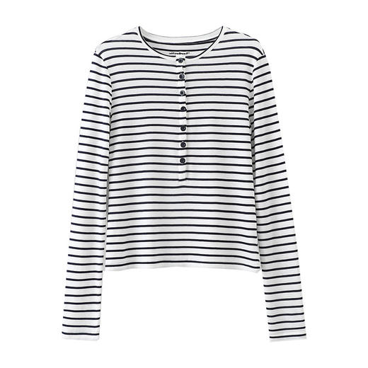 丁摩 【莱赛尔+绵羊毛】打底衫女高级感秋款条纹系扣半开领长袖T修身显瘦内搭上衣5ZF-10103 商品图4