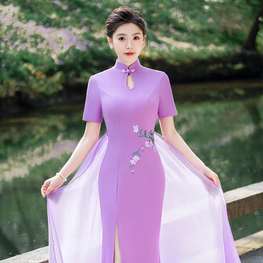 中国风高开叉燕尾纱修身改良走秀演出旗袍YD3/16-07 商品图3