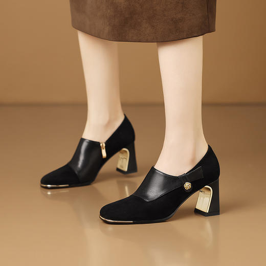 【预售5天】秋季新款百搭舒适粗跟磨砂拼接深口单鞋气质通勤小皮鞋HY&H3720 商品图4