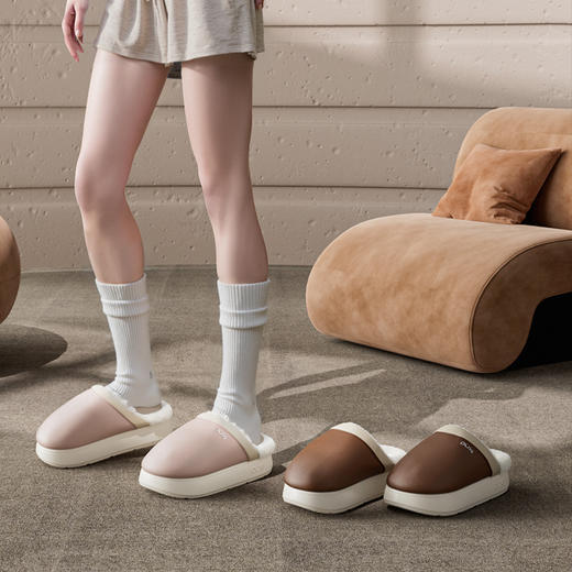 2025秋冬上新朴西栖梧情侣加绒棉拖鞋女士秋冬居家防泼水皮面棉拖 商品图5