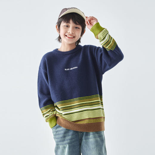 蓝汽水25年秋冬季新款亲子中大男童渐变条纹毛衣简约撞色针织衫 商品图4