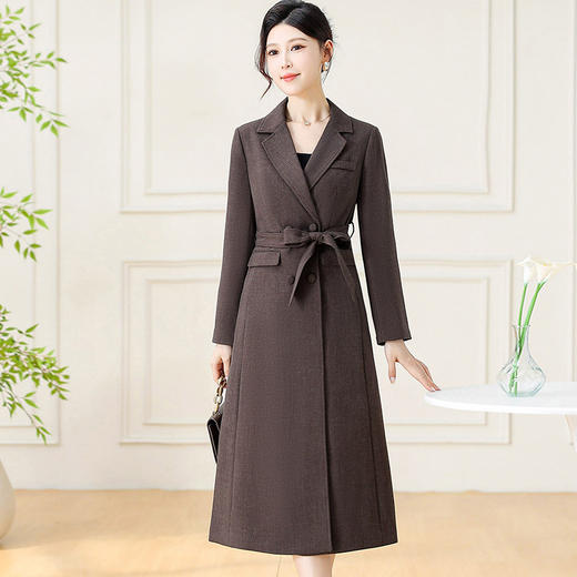 QYM 7258015-Y风衣西装领中长款腰带外套 商品图0