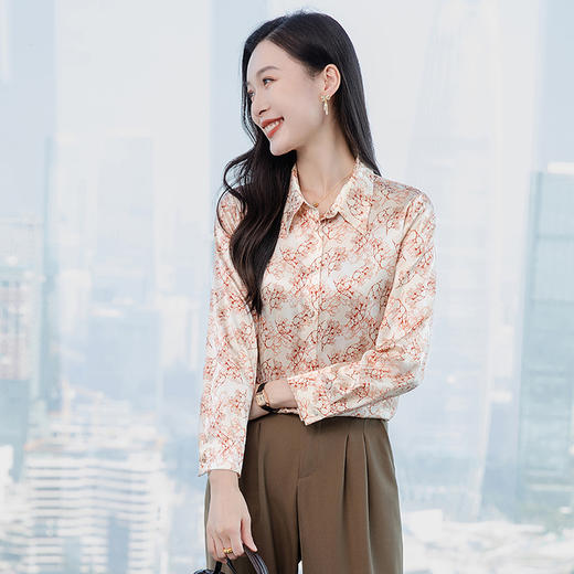 丁摩 真丝长袖衬衫春秋季新款时尚印花翻领衬衫通勤百搭上衣5ZF-3637 商品图1