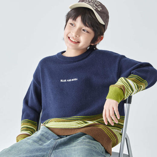 蓝汽水25年秋冬季新款亲子中大男童渐变条纹毛衣简约撞色针织衫 商品图2