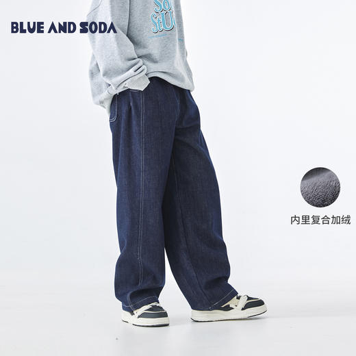 预售1.1发 蓝汽水25年冬季新款亲子中大男童不落色牛仔裤加绒保暖百搭休闲裤 商品图0