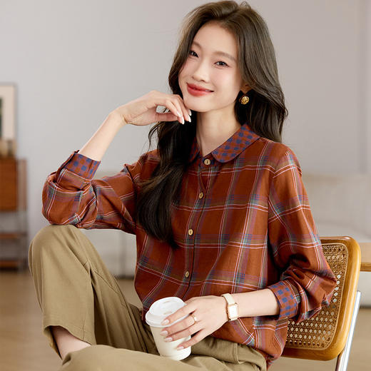丁摩 复古格子衬衫女纯棉撞色女装显瘦大码秋季港风上衣5ZF-2153 商品图3