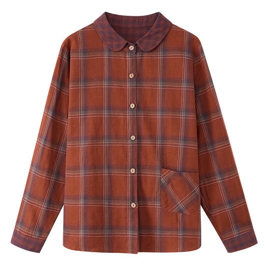 丁摩 复古格子衬衫女纯棉撞色女装显瘦大码秋季港风上衣5ZF-2153 商品图4