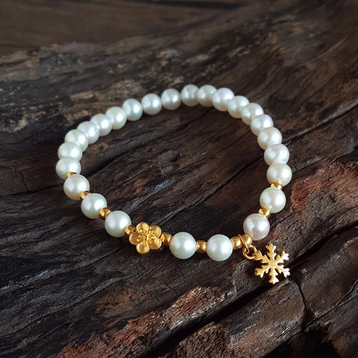 【天然正品】AU999黄金桃花雪花造型白色约6.3MM珍珠手串6.3MM女士300825NJM40现售价：1080特价 商品图3