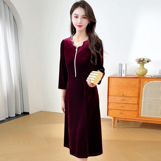 QYM 1852-Y金丝绒礼服裙中长款连衣裙妈妈装长款A字裙 商品图1