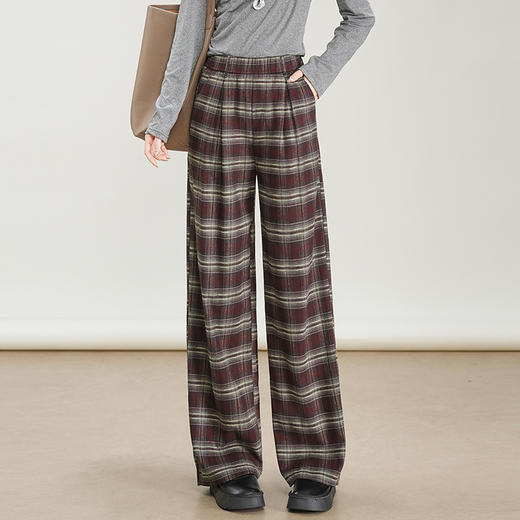 MYX窄版修身阔腿裤格纹休闲长裤2025年秋季新款松紧腰垂感高腰直筒裤 商品图0