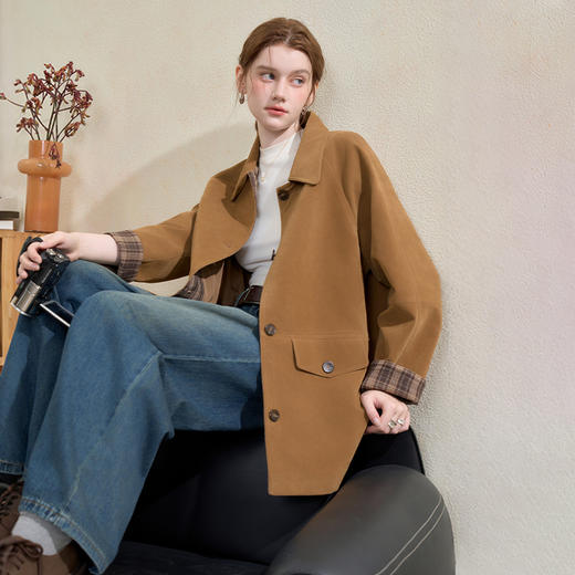 西遇美拉德格纹拼接翻领外套女秋季单排扣口袋直筒中长款外套V3255151 商品图0