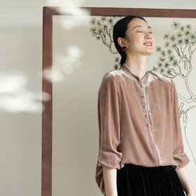 牧衣游原创 丝绒净色衬衫女秋季新款光泽感气质宽松百搭开衫 喜番