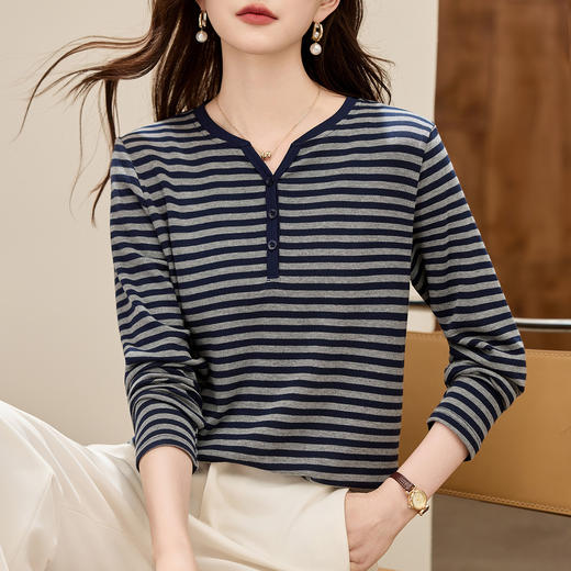 丁摩 条纹长袖t恤女春秋季内搭可外穿上衣正肩v领打底衫5ZF-30109 商品图1