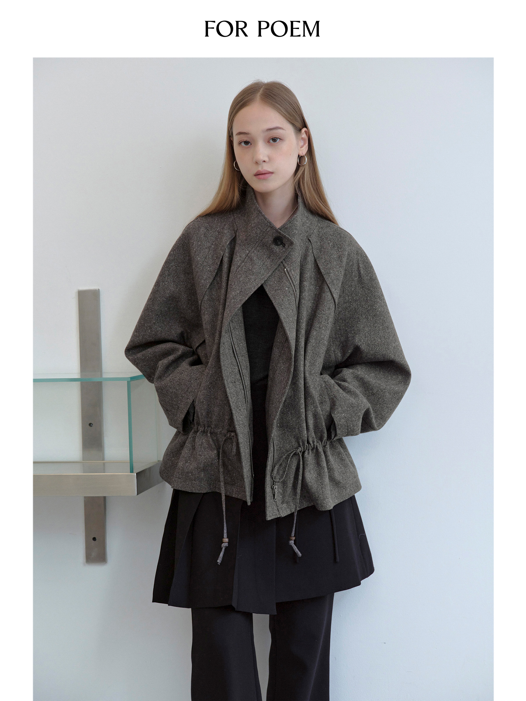 ForPoem 现货 25/FW原创设计早秋结构感抽绳格纹休闲羊毛风衣大衣外套女