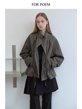 ForPoem 现货 25/FW原创设计早秋结构感抽绳格纹休闲羊毛风衣大衣外套女