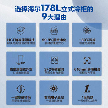 海尔（Haier）178升立式冰柜风冷无霜一级节能家用冷藏冷冻柜抽屉式小冰柜家用小冰箱BD-178WGHB9D 商品图1