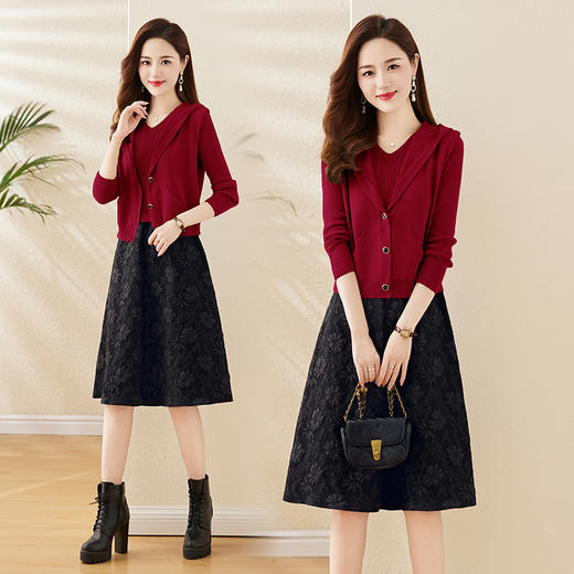 时尚显瘦立体提花，拼接针织两件套连衣裙HR-YBER336 商品图2