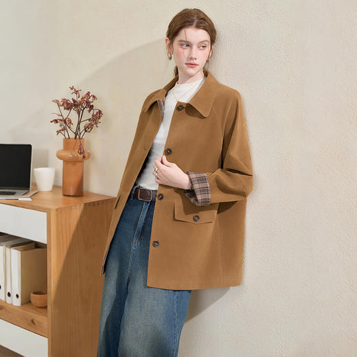 西遇美拉德格纹拼接翻领外套女秋季单排扣口袋直筒中长款外套V3255151 商品图2