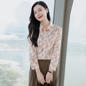 丁摩 真丝长袖衬衫春秋季新款时尚印花翻领衬衫通勤百搭上衣5ZF-3637