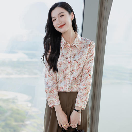 丁摩 真丝长袖衬衫春秋季新款时尚印花翻领衬衫通勤百搭上衣5ZF-3637 商品图0