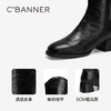 千百度粗高跟骑士靴女手抓皮黑色高筒长靴A25525333 商品缩略图3