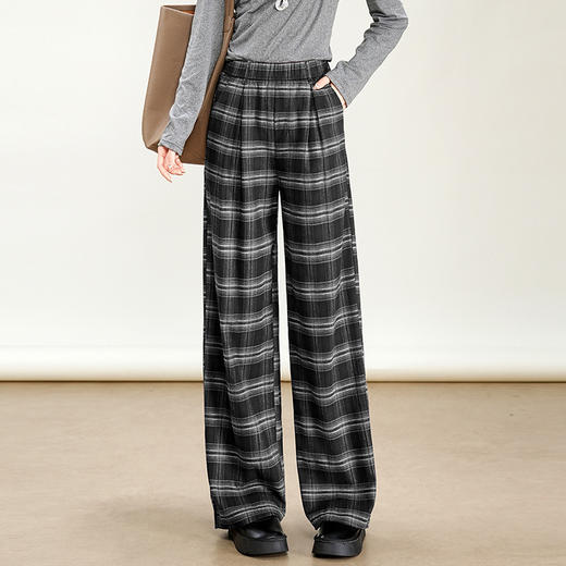 MYX窄版修身阔腿裤格纹休闲长裤2025年秋季新款松紧腰垂感高腰直筒裤 商品图1