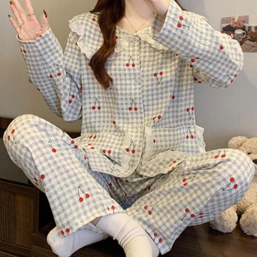 少女甜美樱桃睡衣女春季款长袖慵懒感云朵棉家居服可外穿套装新款新品学生可爱新款家居服 商品图3