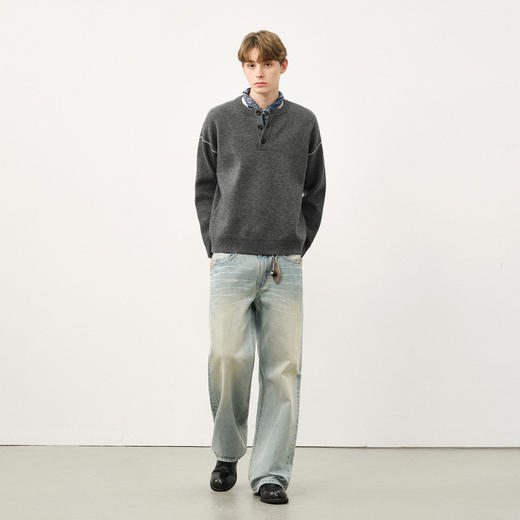 714street高密抗起球亨利领毛衣男2025秋冬季落肩宽松针织衫上衣 商品图2